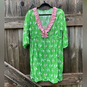 Boutique Giraffe Dress Green with Pink Ruffle Trim Sz M